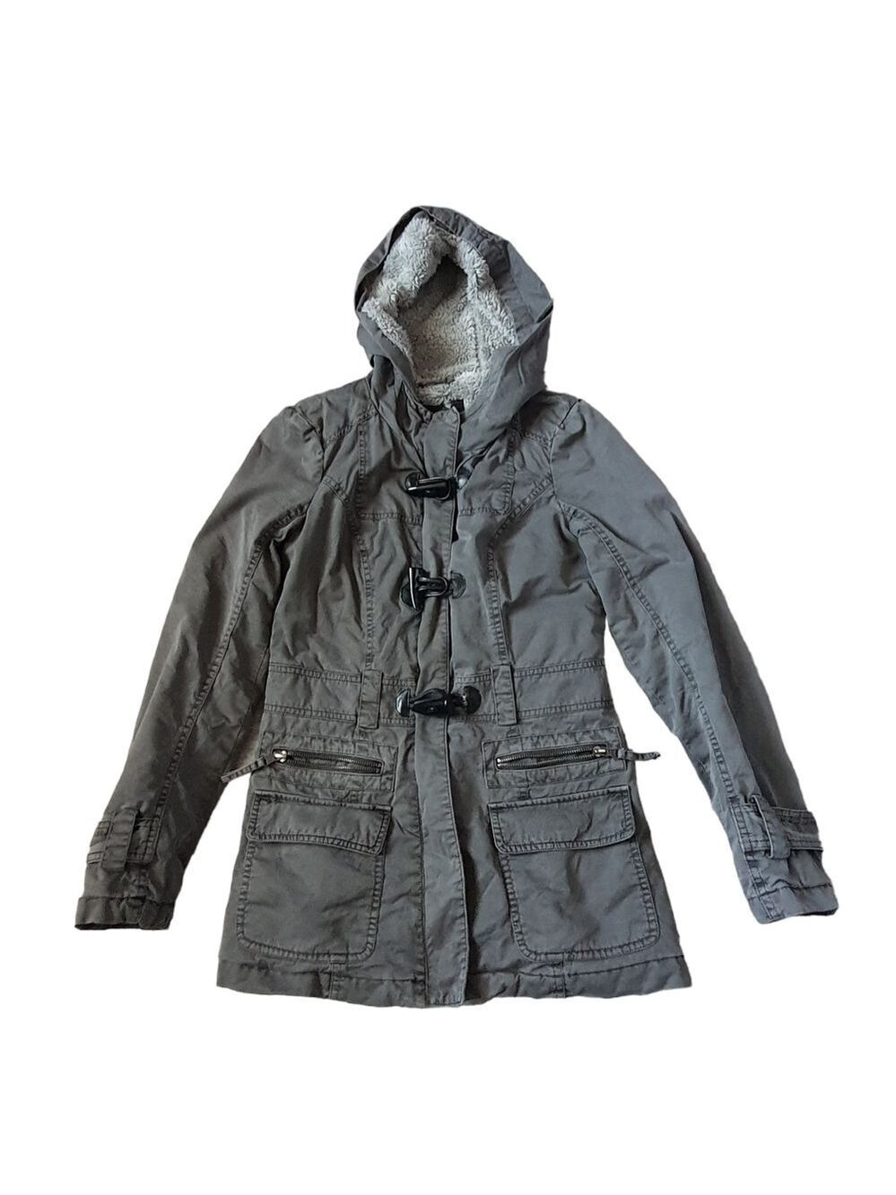 BNCI Toggle Grunge Utility Jacket Faux Fur with Hoodie Size XS Gray